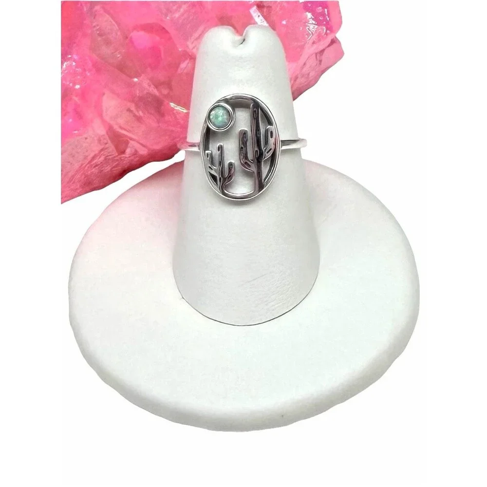 Fire Opal Cactus Ring Size 6 Solid 925 Sterling Silver Cacti Desert Scene